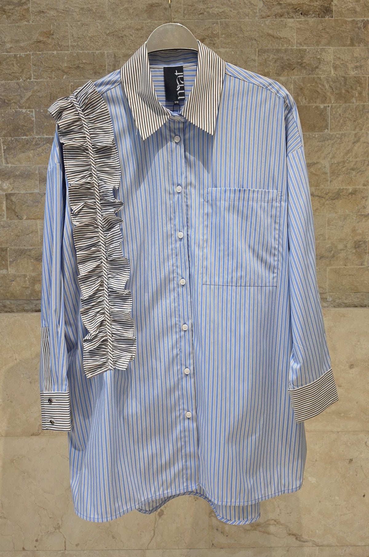 Asymmetric Ruffle Striped Shirt 8601.3018