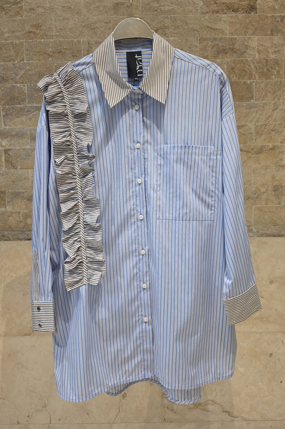 Asymmetric Ruffle Striped Shirt 8601.3018