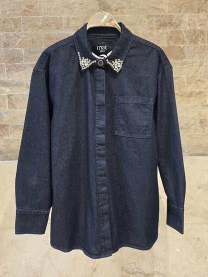 Strass Embellished Collar Denim Shirt 8641.3003