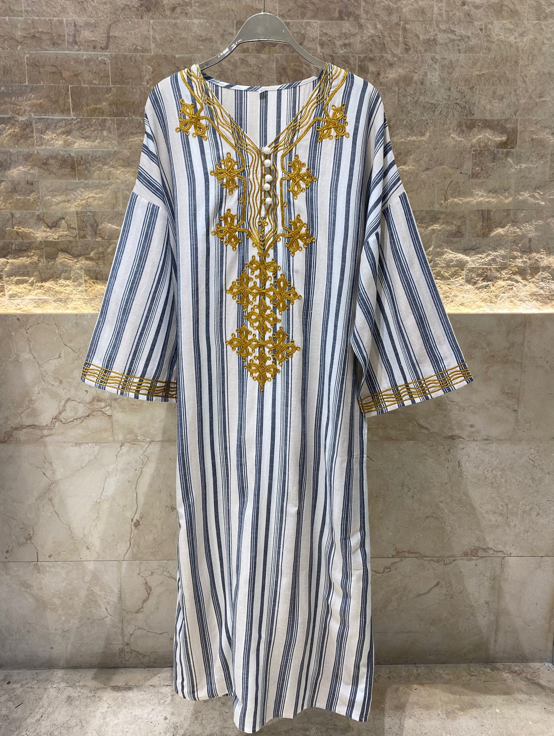 Striped Embroidered Long Kaftan - AWS2-857/25 - Brown Loft