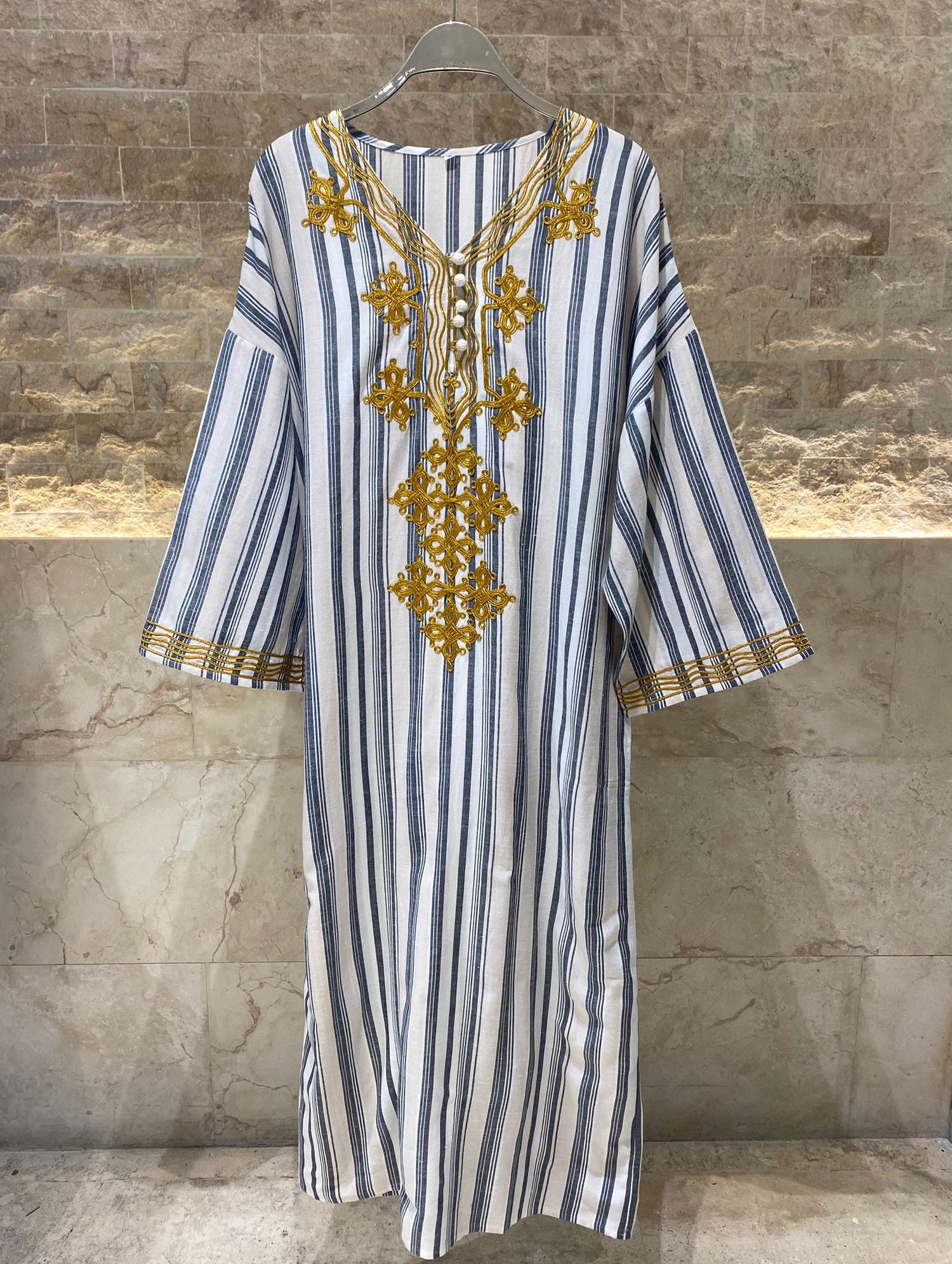 Striped Embroidered Long Kaftan - AWS2-857/25 - Brown Loft