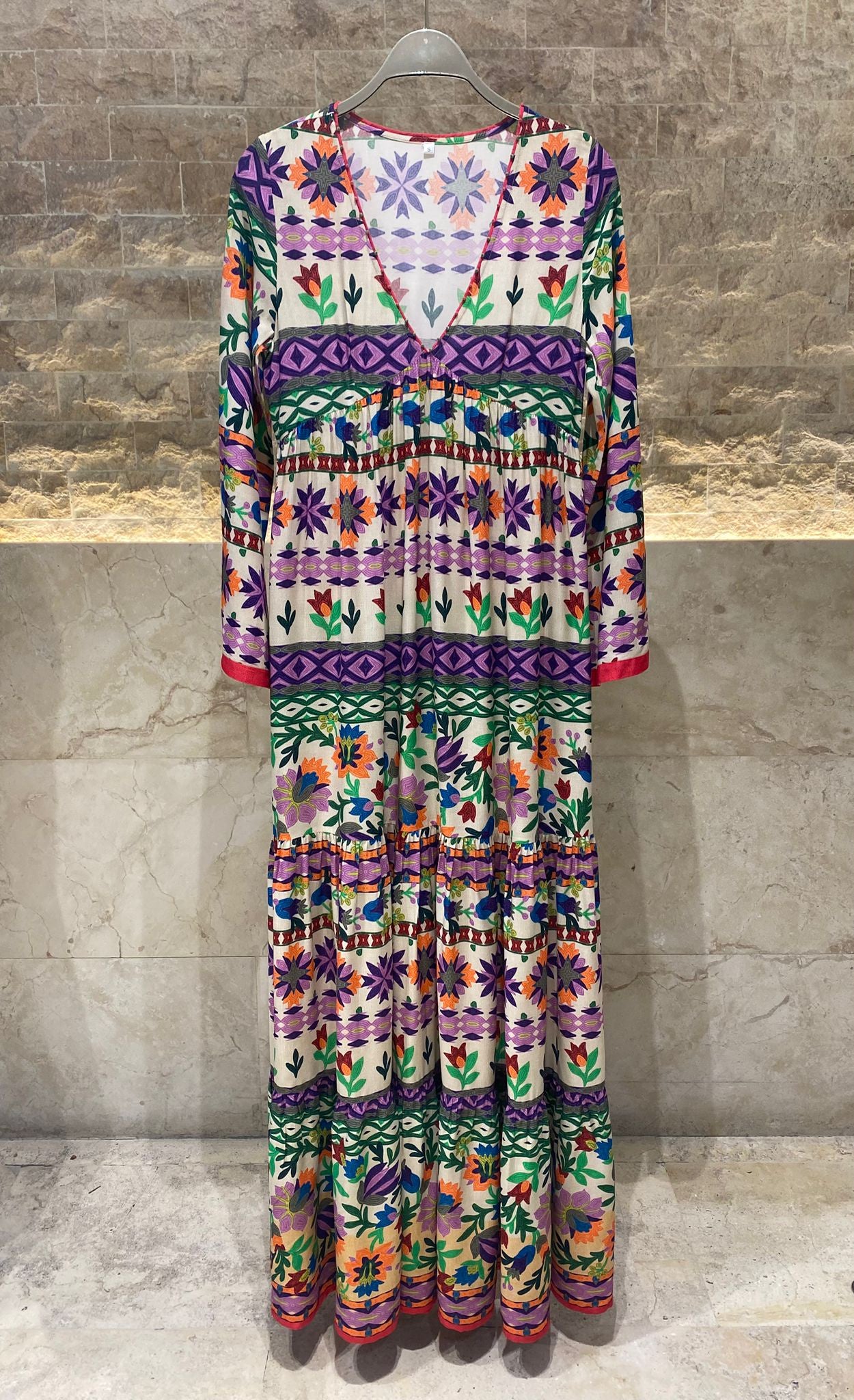AWS2-882/25 Floral Printed Shirred Long Dress - Brown Loft
