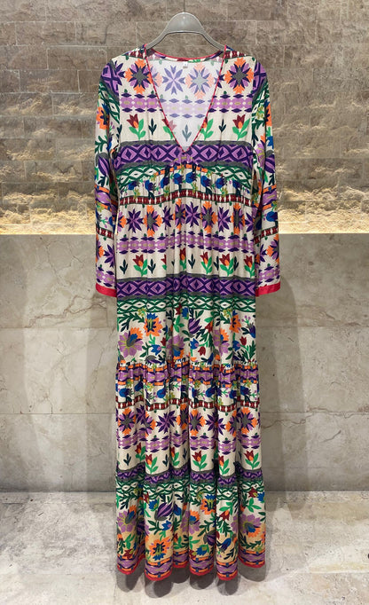AWS2-882/25 Floral Printed Shirred Long Dress - Brown Loft