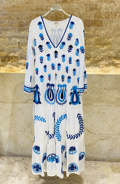 Tulip Embroidered Cotton Long Dress - AWS2-816 - Brown Loft