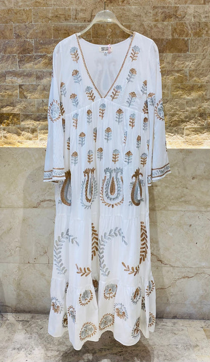 Tulip Embroidered Cotton Long Dress - AWS2-816 - Brown Loft
