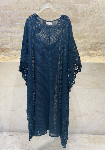 Black Crochet Embroidered Cotton Kaftan - Brown Loft