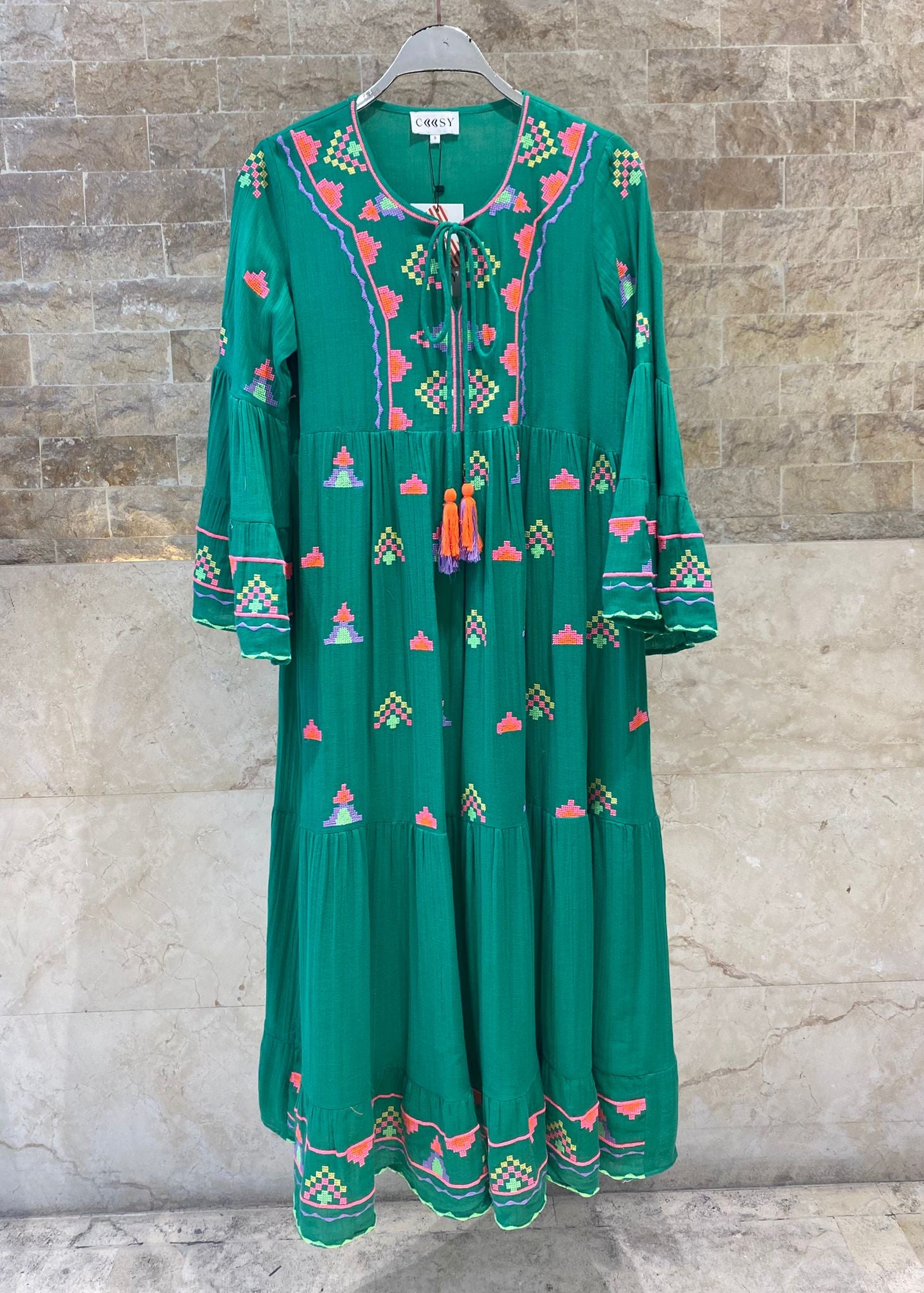 Apolo Embroidered Long Tiered Dress - Brown Loft
