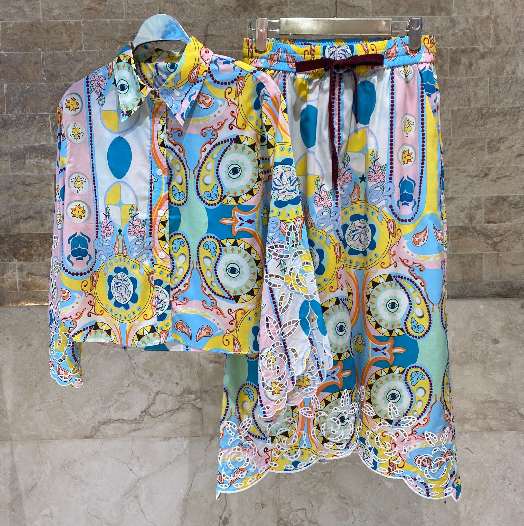 Ava and Nax Paisley Patterned Cotton Shirt and Pants قميص وبنطال من القطن بنقشة بيزلي - Brown Loft