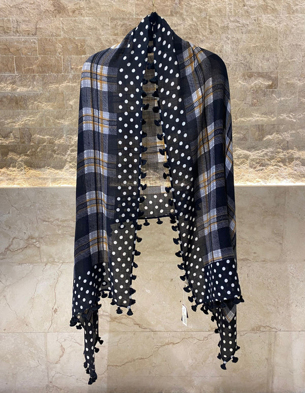 C24482 Checkered and Polka Dot Print Scarves أوشحة مطبوعة بمربعات ونقاط بولكا