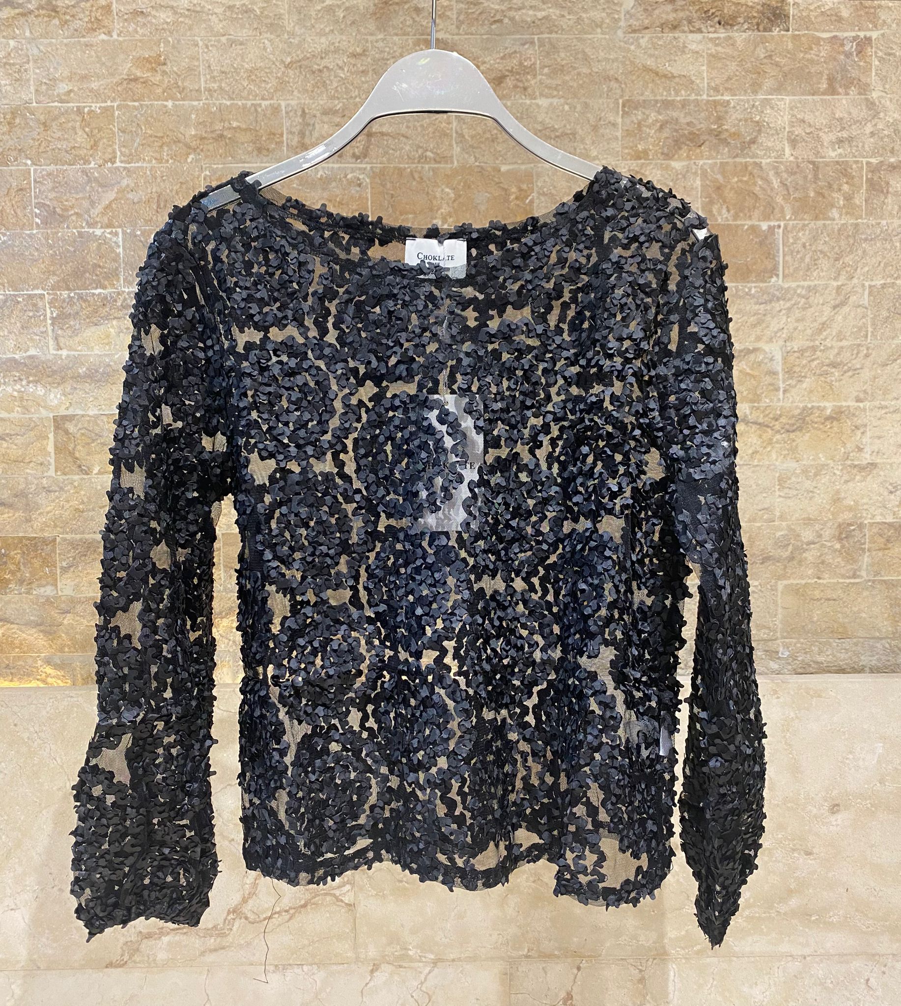 CK08022 Boat Neckline Floral Applique Sheer Tulle Top