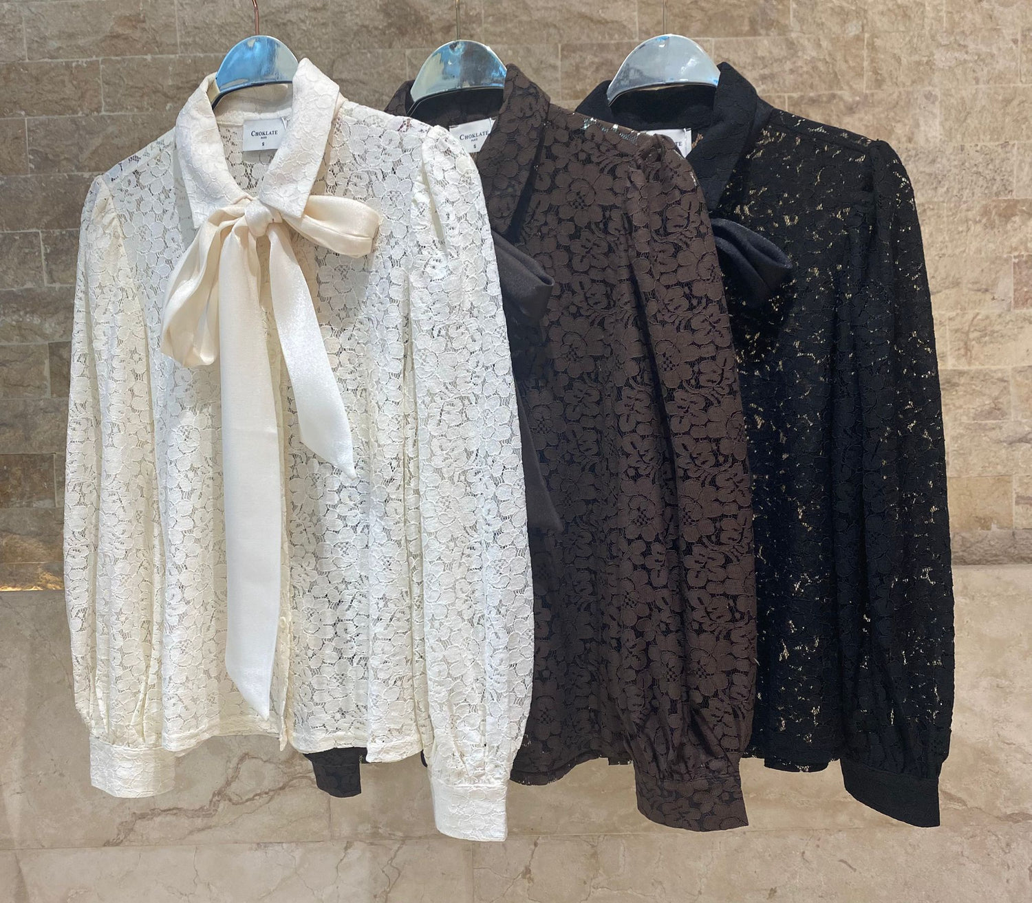 Floral Lace Semi Sheer Shirt with Detachable Bow Tie CK08395