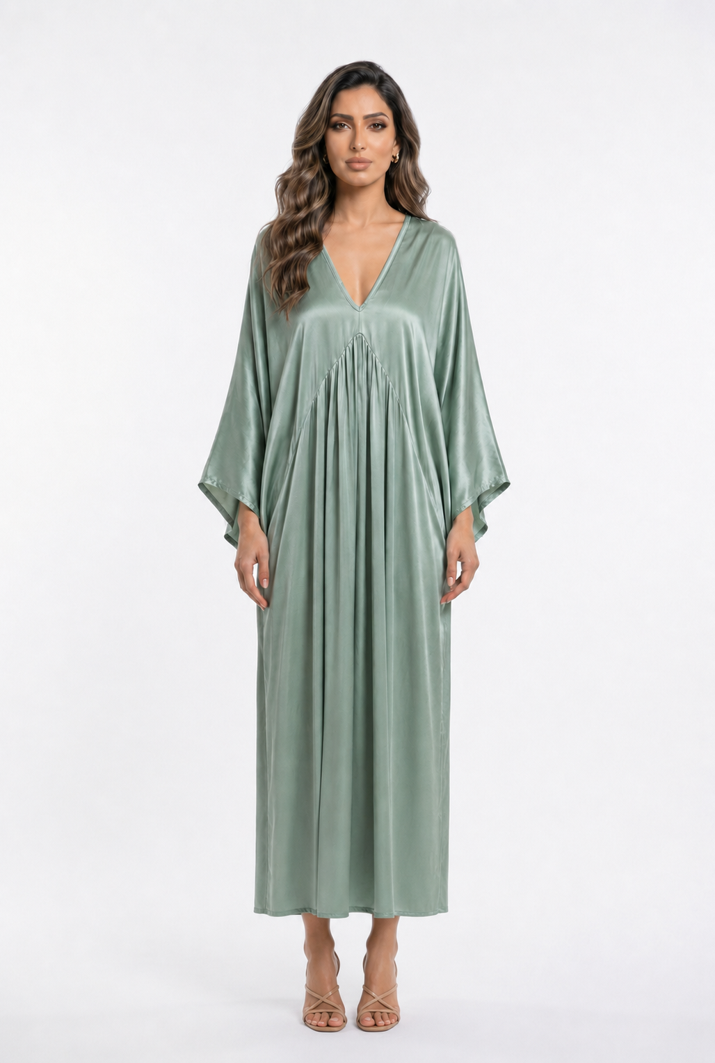 DB90611VS-2 Deep V Neck Satin Maxi Dress