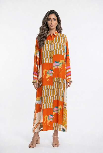 KD6255VS-20 Equestrian Print Oversized Satin Long Dress