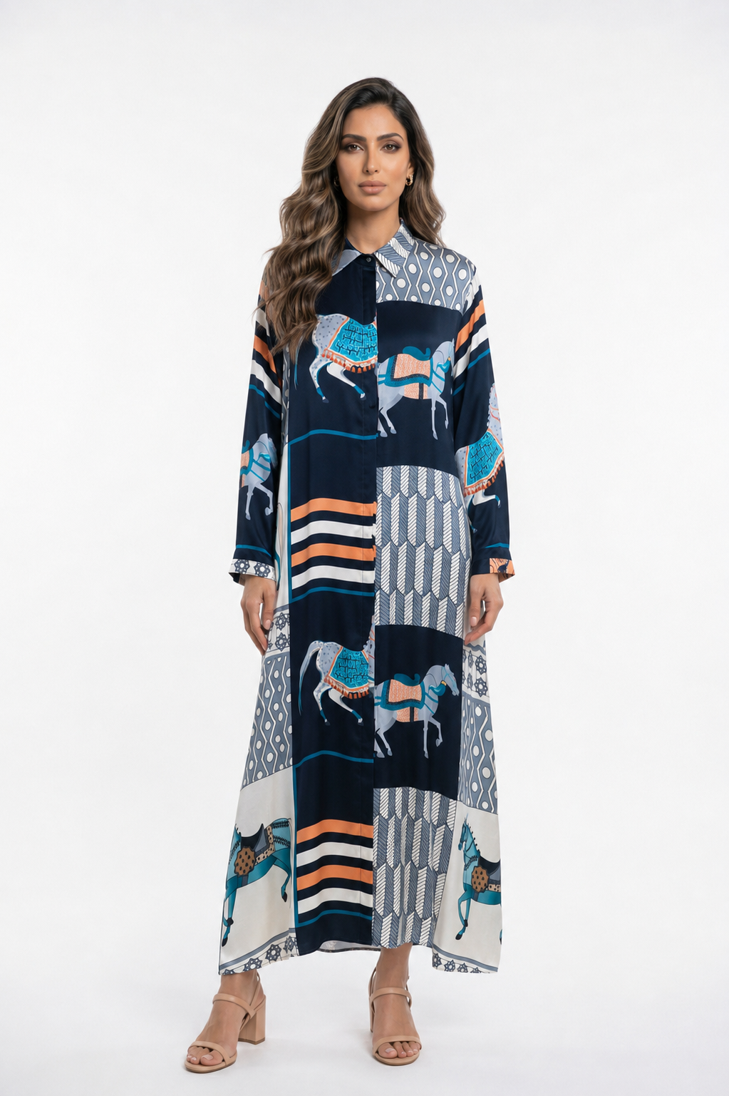 KD6255VS-20 Equestrian Print Oversized Satin Long Dress