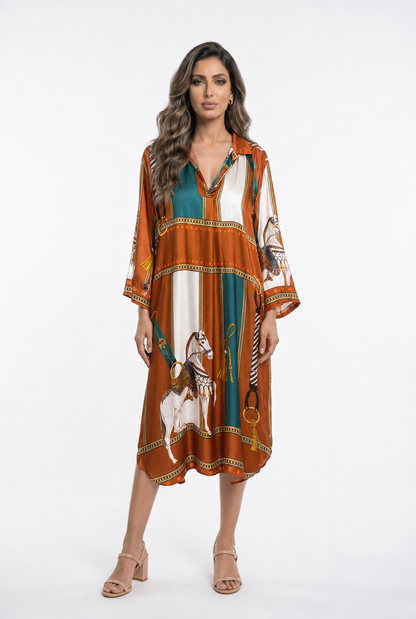KD6120VS-2 Equestrian Print Satin Oversized Dress