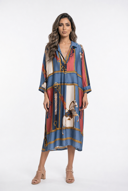 KD6120VS-2 Equestrian Print Satin Oversized Dress