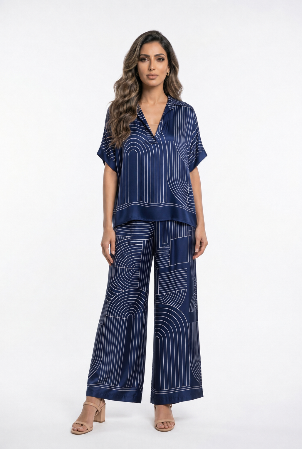KD7607/7789VS-29 Geometric Arch and Line Patterned  Satin Shirt and Pants