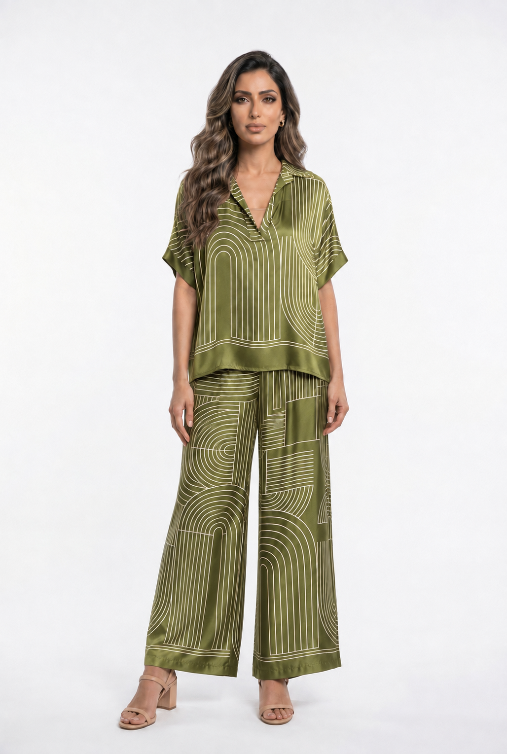 KD7607/7789VS-29 Geometric Arch and Line Patterned  Satin Shirt and Pants