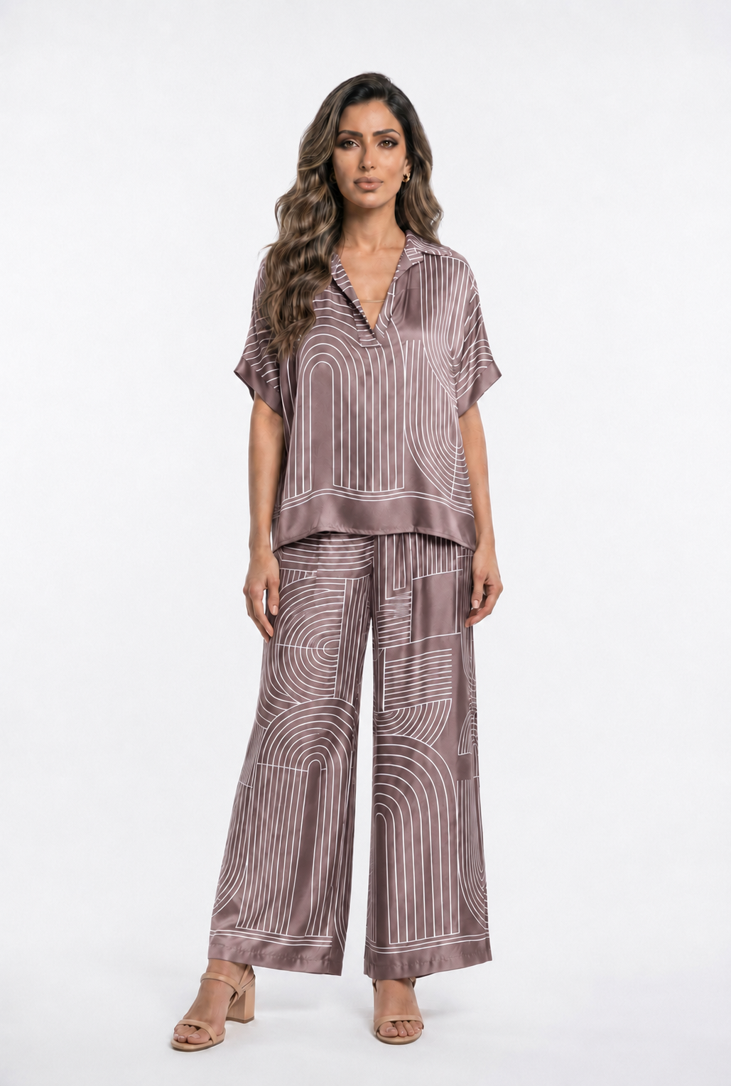 KD7607/7789VS-29 Geometric Arch and Line Patterned  Satin Shirt and Pants