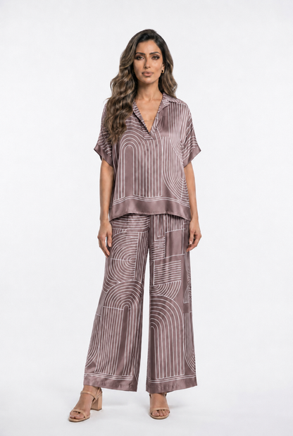 KD7607/7789VS-29 Geometric Arch and Line Patterned  Satin Shirt and Pants