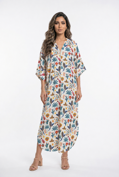 67958-1316 Colorful Folk-Art and Tropical Print Tunic Dress