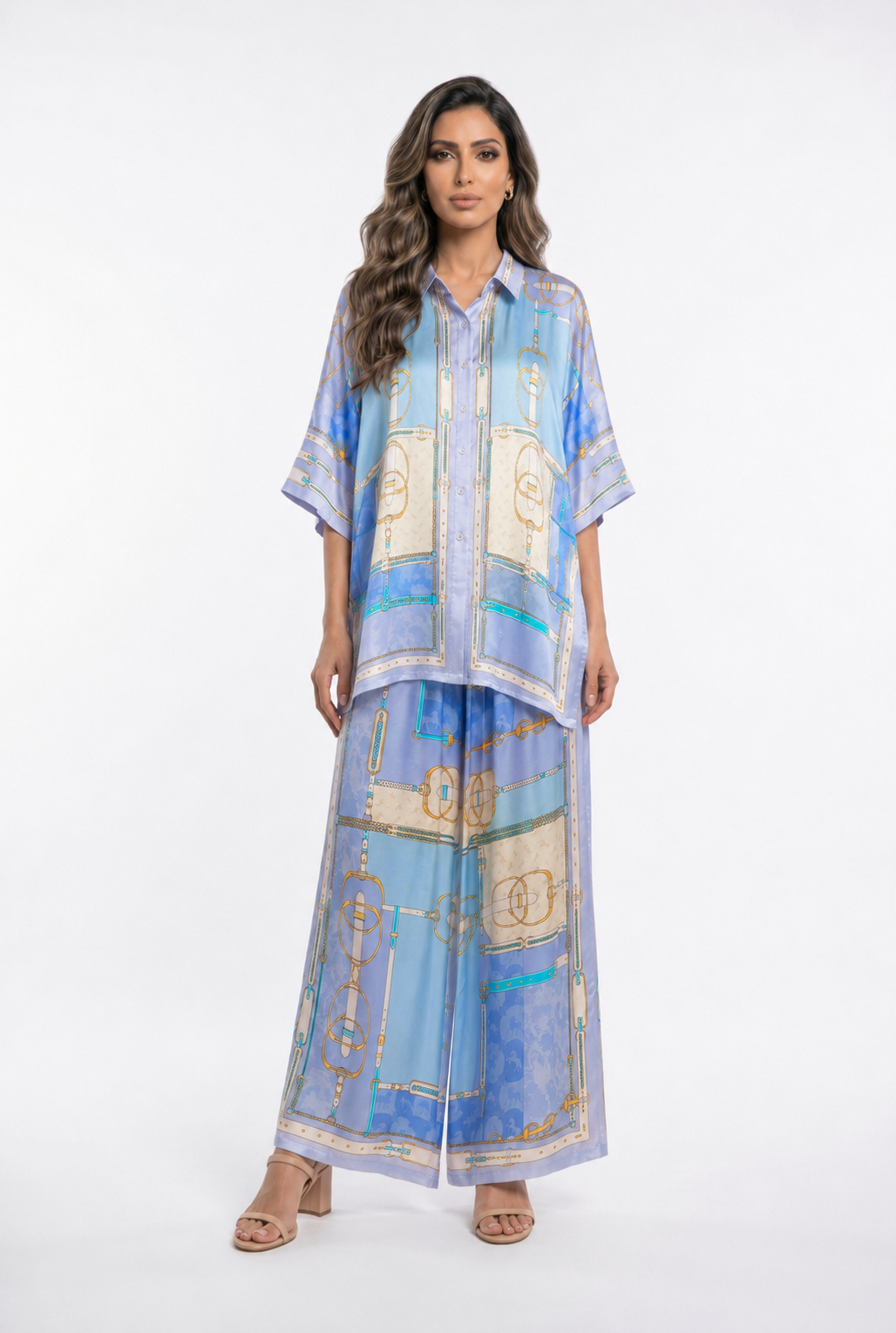 Equestrian Printed Satin Shirt and Pants Sets KD8871/9099VS-11