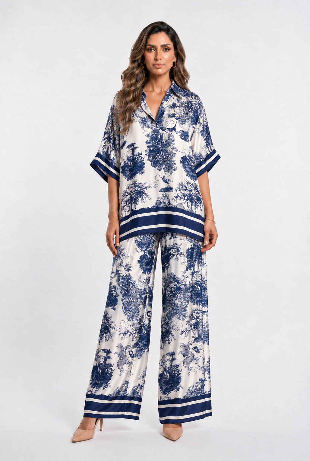 Toile de Jouy Print Satin Top and Pants Set KD7607/6637-2