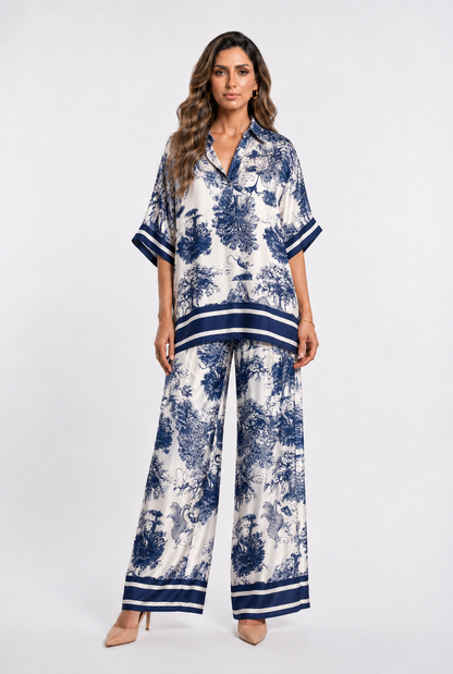 Toile de Jouy Print Satin Top and Pants Set KD7607/6637-2