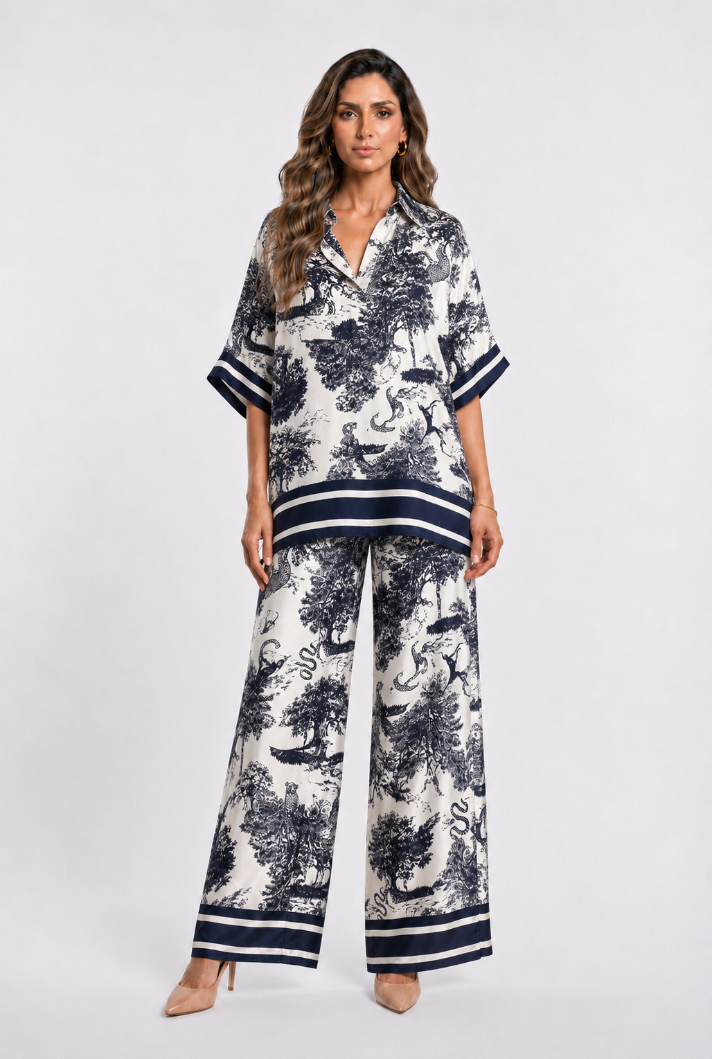 Toile de Jouy Print Satin Top and Pants Set KD7607/6637-2