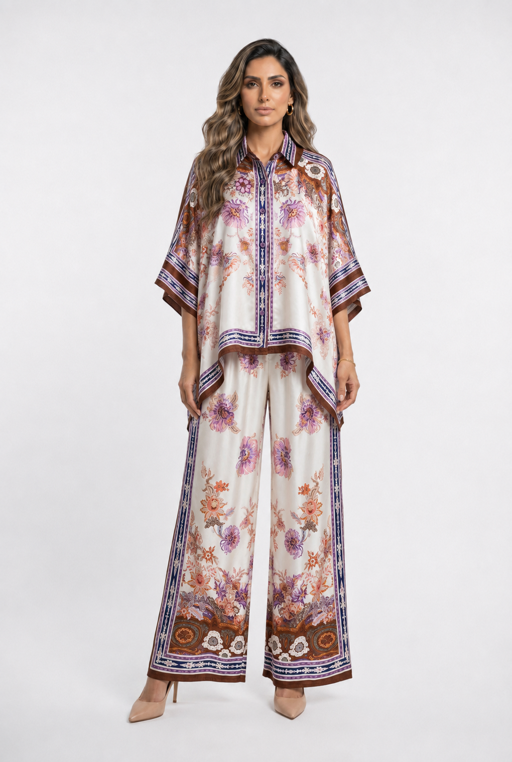 Bohemian Floral Satin Shirt and Pants Set KD8871/9099-12