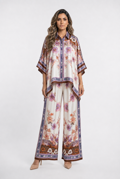 Bohemian Floral Satin Shirt and Pants Set KD8871/9099-12