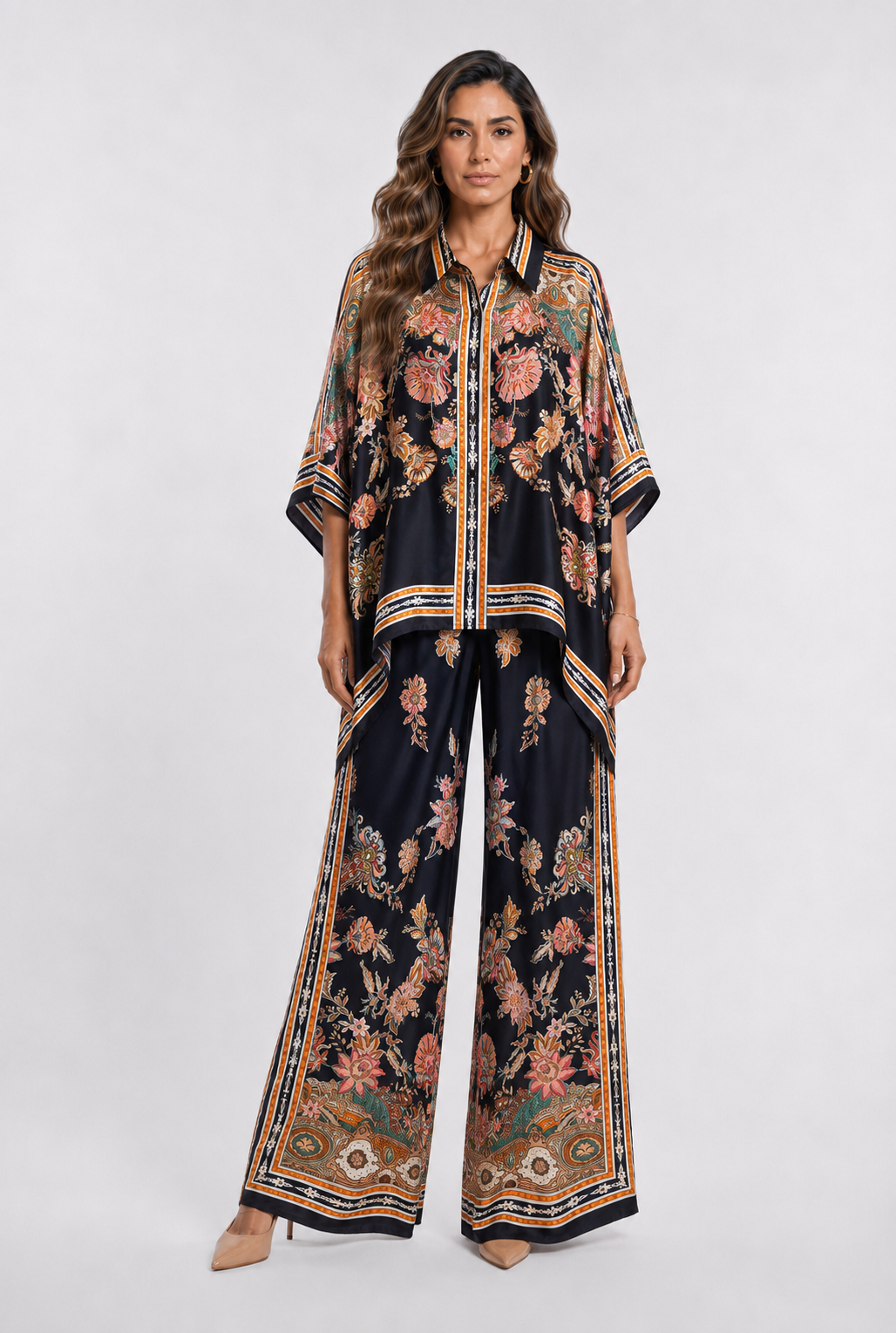 Bohemian Floral Satin Shirt and Pants Set KD8871/9099-12
