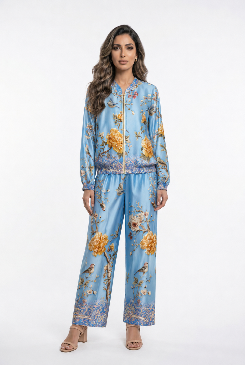 Floral and Bird Printed Satin Bomber Jacket and Pants Set KD8772/6637VS-11
