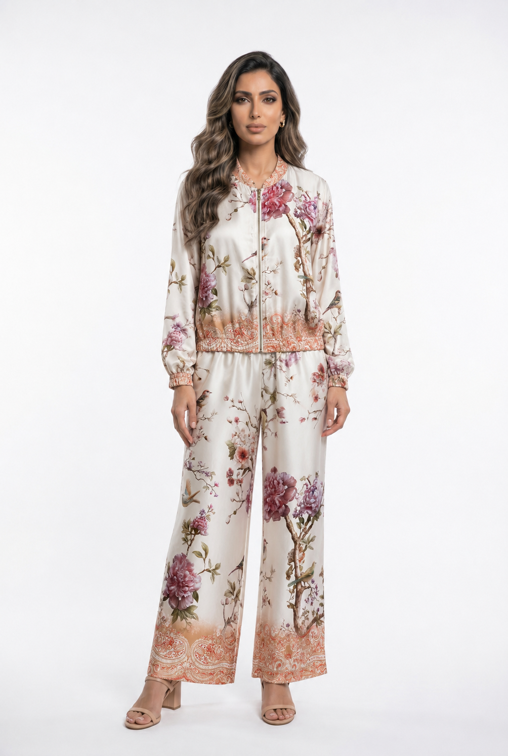 Floral and Bird Printed Satin Bomber Jacket and Pants Set KD8772/6637VS-11