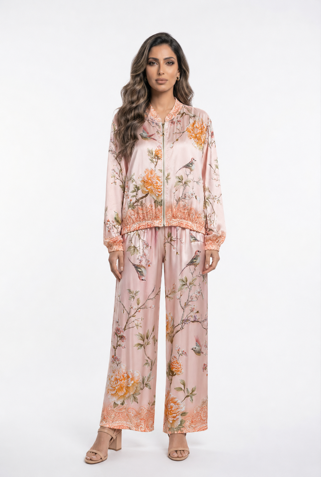 Floral and Bird Printed Satin Bomber Jacket and Pants Set KD8772/6637VS-11