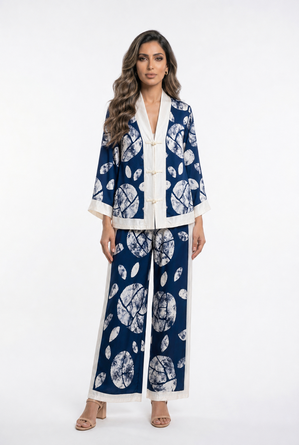 Leaf Print Satin Jacket and Pants Set KD88009/9099VS-14