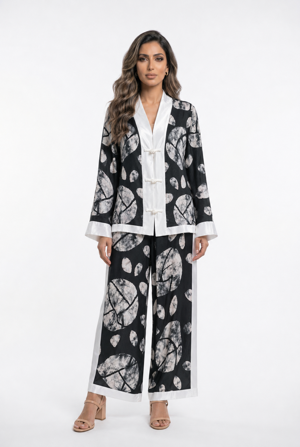 Leaf Print Satin Jacket and Pants Set KD88009/9099VS-14