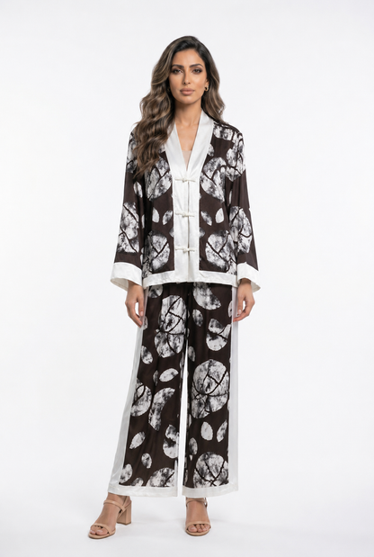 Leaf Print Satin Jacket and Pants Set KD88009/9099VS-14