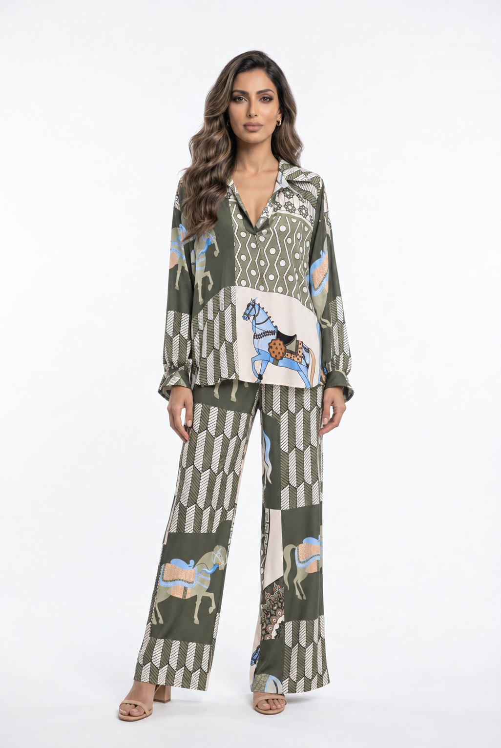 Equestrian Printed Satin Top and Pant Set KD7635VS/66375-20