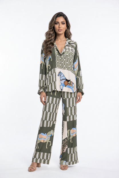 Equestrian Printed Satin Top and Pant Set KD7635VS/66375-20