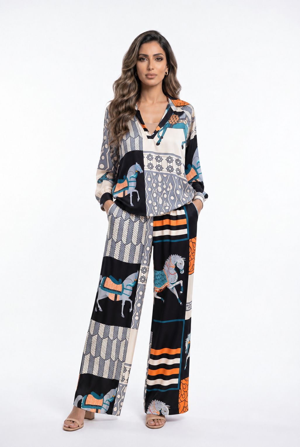 Equestrian Printed Satin Top and Pant Set KD7635VS/66375-20