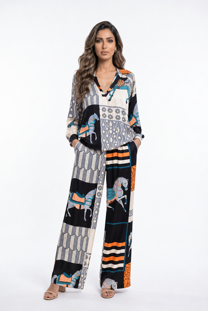 Equestrian Printed Satin Top and Pant Set KD7635VS/66375-20