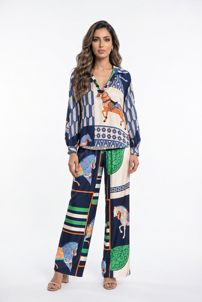 Equestrian Printed Satin Top and Pant Set KD7635VS/66375-20