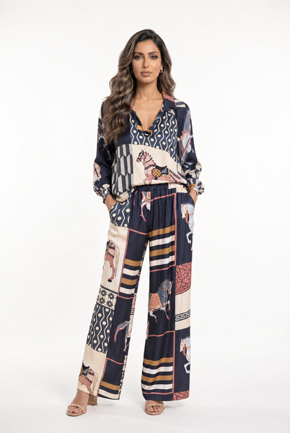 Equestrian Printed Satin Top and Pant Set KD7635VS/66375-20