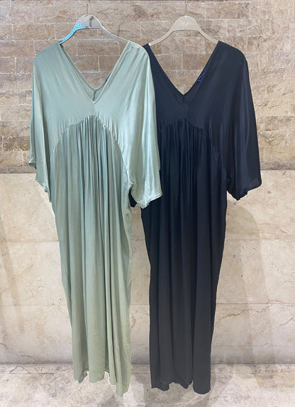 DB90611VS-2 Deep V Neck Satin Maxi Dress