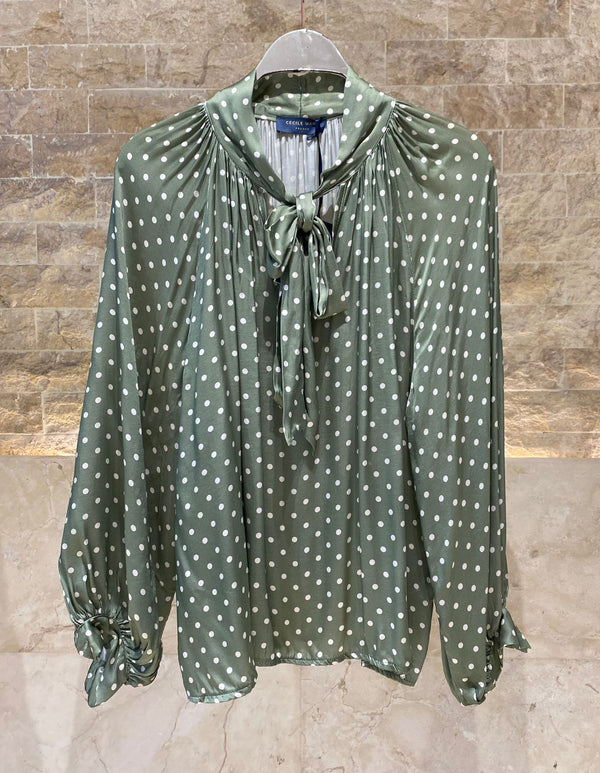 DB92250 Bow Neck Polka Dot Print Oversized Satin Top