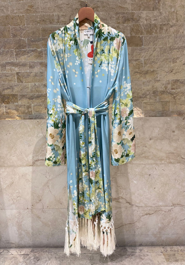 Dulce Kimono Satin Belted Long Kimono كيمونو طويل بحزام من الساتان