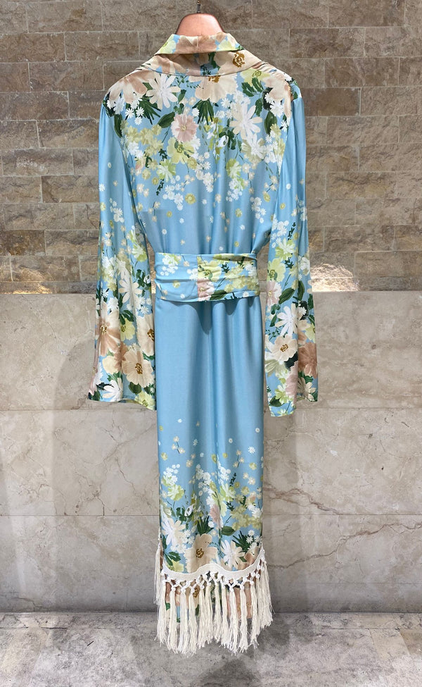 Dulce Kimono Satin Belted Long Kimono كيمونو طويل بحزام من الساتان