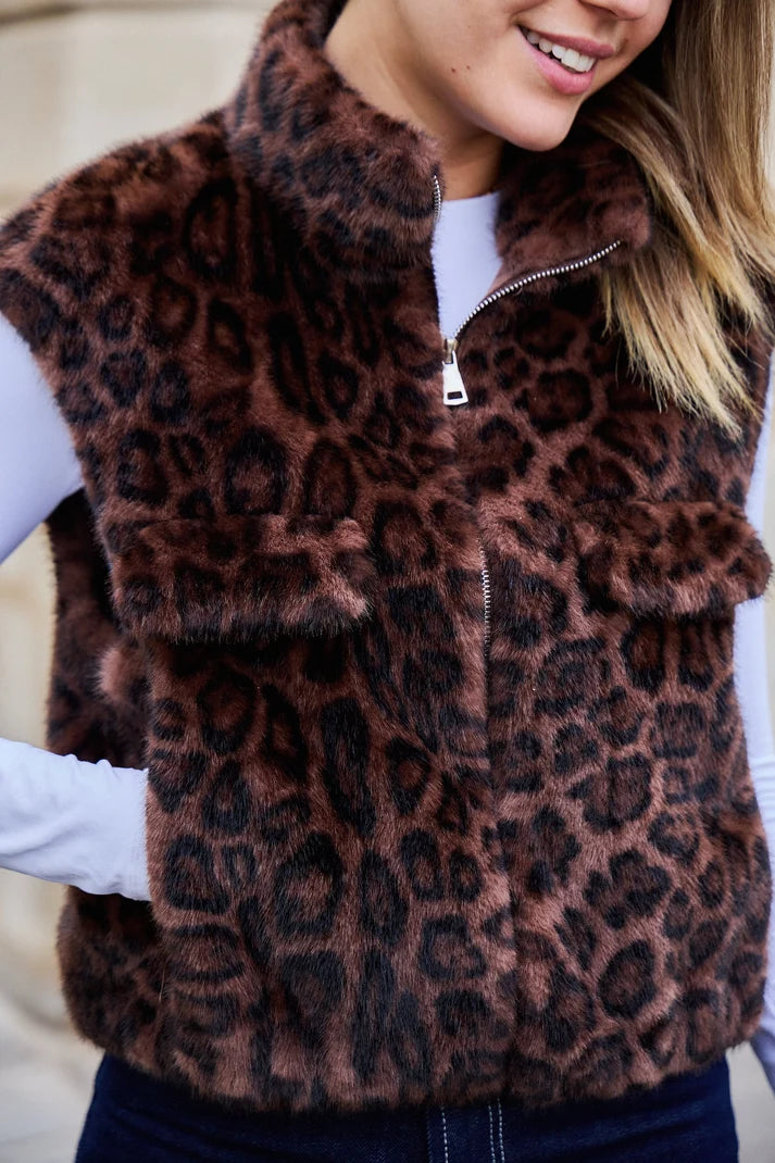 Gaby Leopard Fonce - Leopard Faux Fur Vest