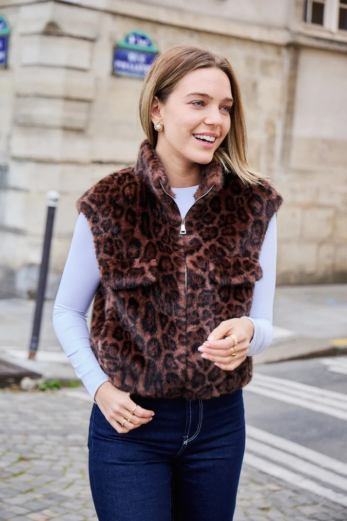 Gaby Leopard Fonce - Leopard Faux Fur Vest